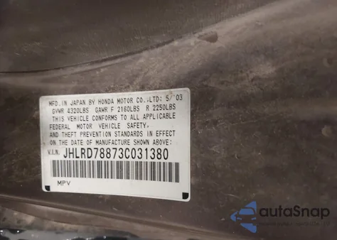 2003 Honda Cr-V Ex z USA, uszkodzony, nr VIN JHLRD78873C031380